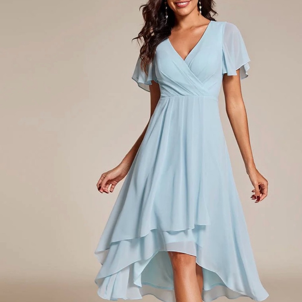 ***NEW*** Ruffles Sleeve Pleated V-Neck A-Line Midi Chiffon Dress
